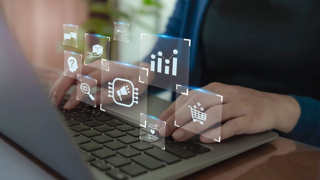 Marketing automation, growth marketing strategy concept. Digital marketing automation tools used for all in one, email marketing, social media, customer journey, pricing, advertising, and loyalty.