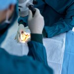 Chirurgen und Patientin bei der Vorbereitung einer Augenoperation