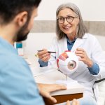 Beratungsgespräch zwischen Augenärztin und potenziellem Patienten